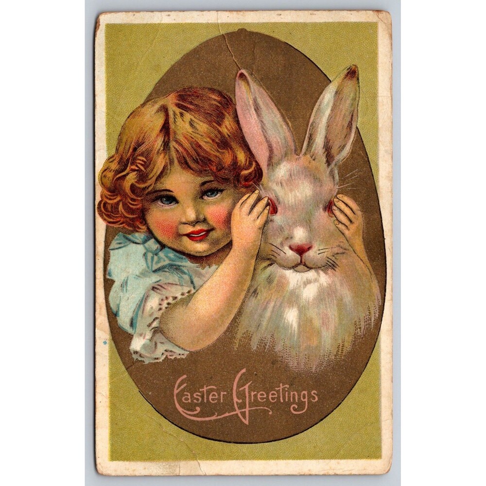 1914 Antique Easter Postcard Girl & White Bunny Rabbit Solomon MD Postmark Stamp